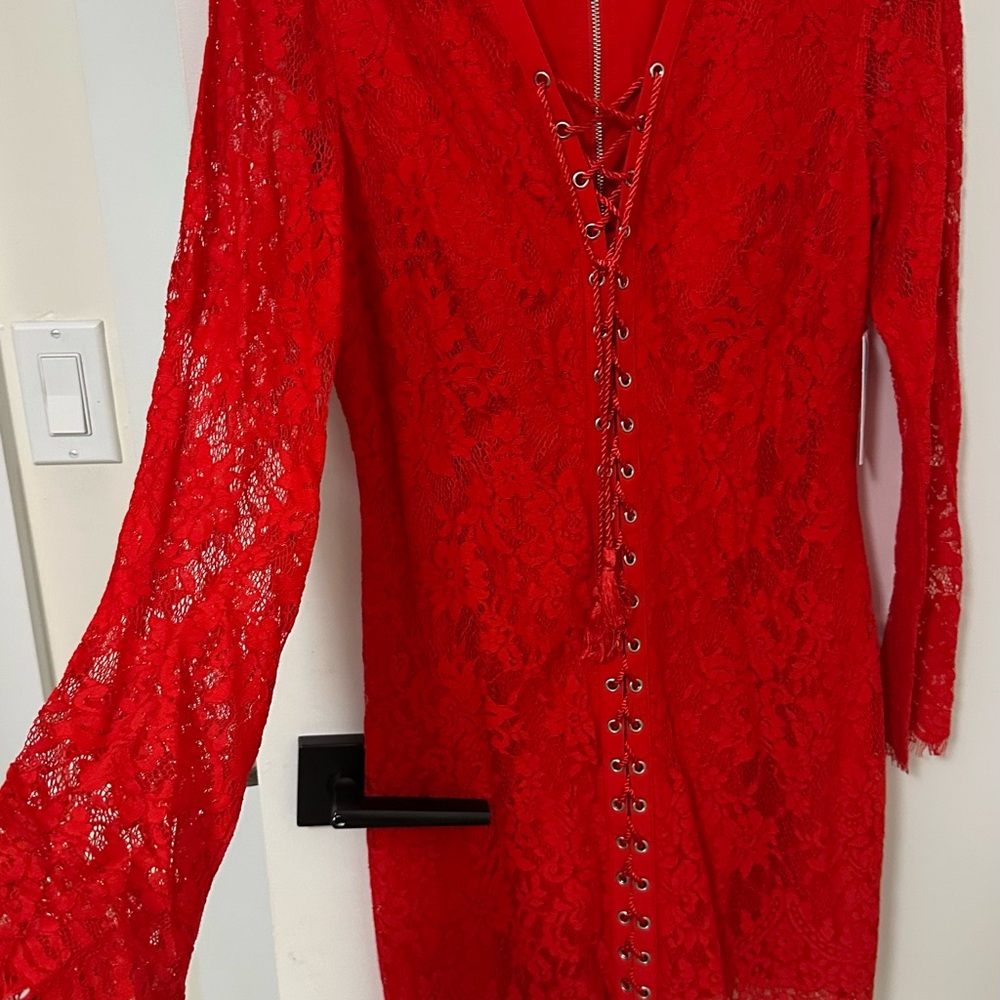 GUESS Red Lace-Up Long Sleeve Lace Dress